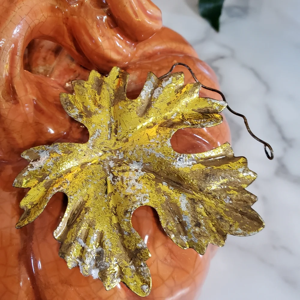 Ceramic Pumpkin with metal leaves